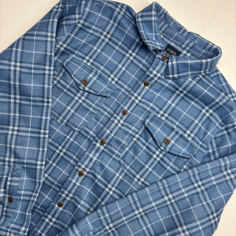 J.Crew Mens Large Blue Plaid Flannel Button Down Shirt Long Sleeve Heavyweight